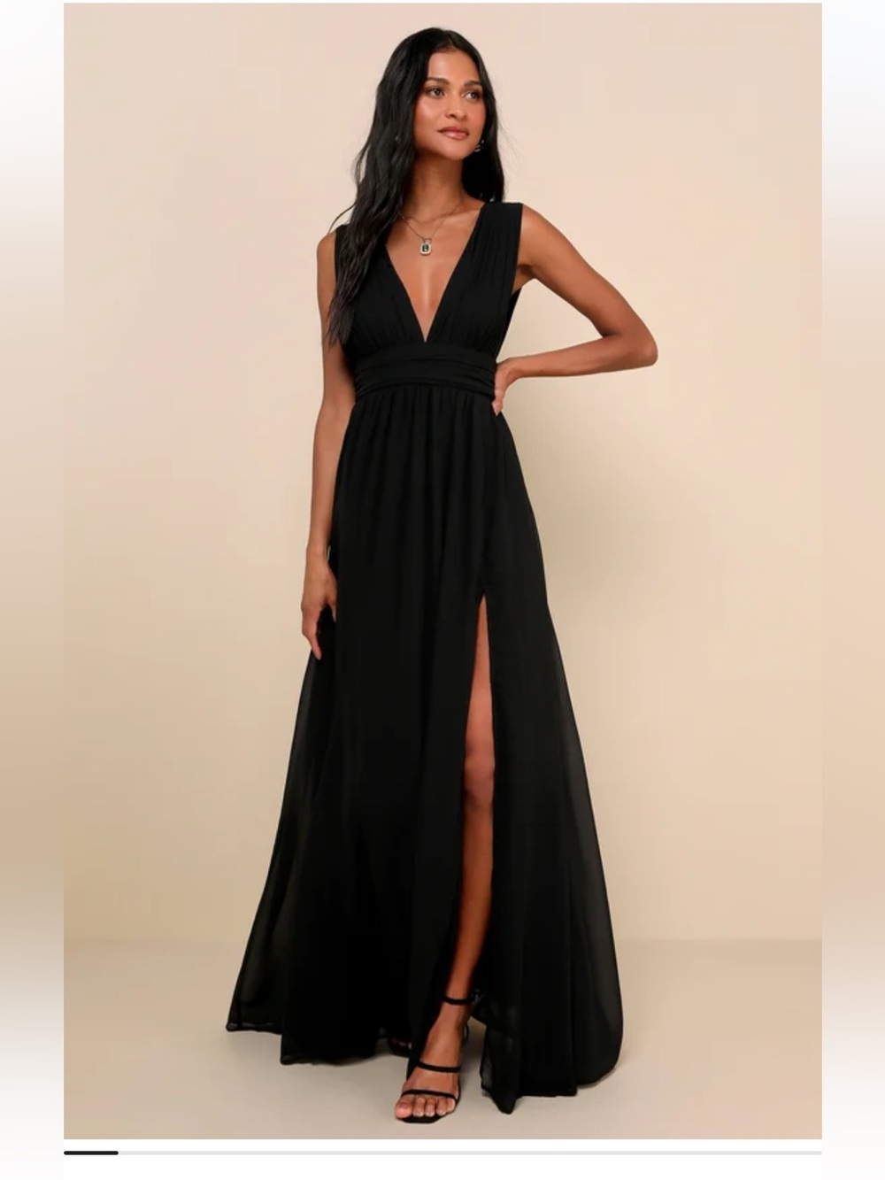 Lulu’s Heavenly Hues Elegant Black V-Neck Sleeveless Evening Maxi Dress